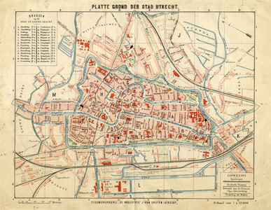 212044 Plattegrond van de stad Utrecht, met weergave van het stratenplan met straatnamen, belangrijke gebouwen, wegen, ...